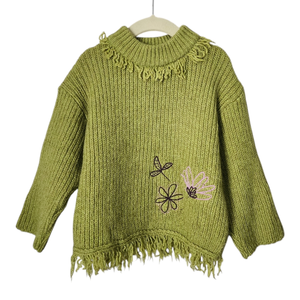 Confetti Kids Wool Knit Sweater In Green Fringe Size 5 Years